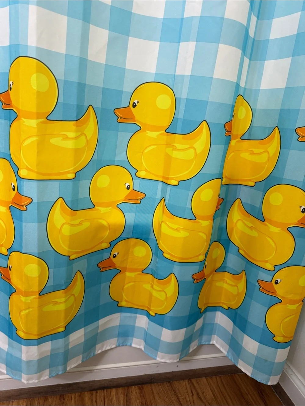 Bright Yellow Rubber Duck Shower Curtain on Blue Gingham